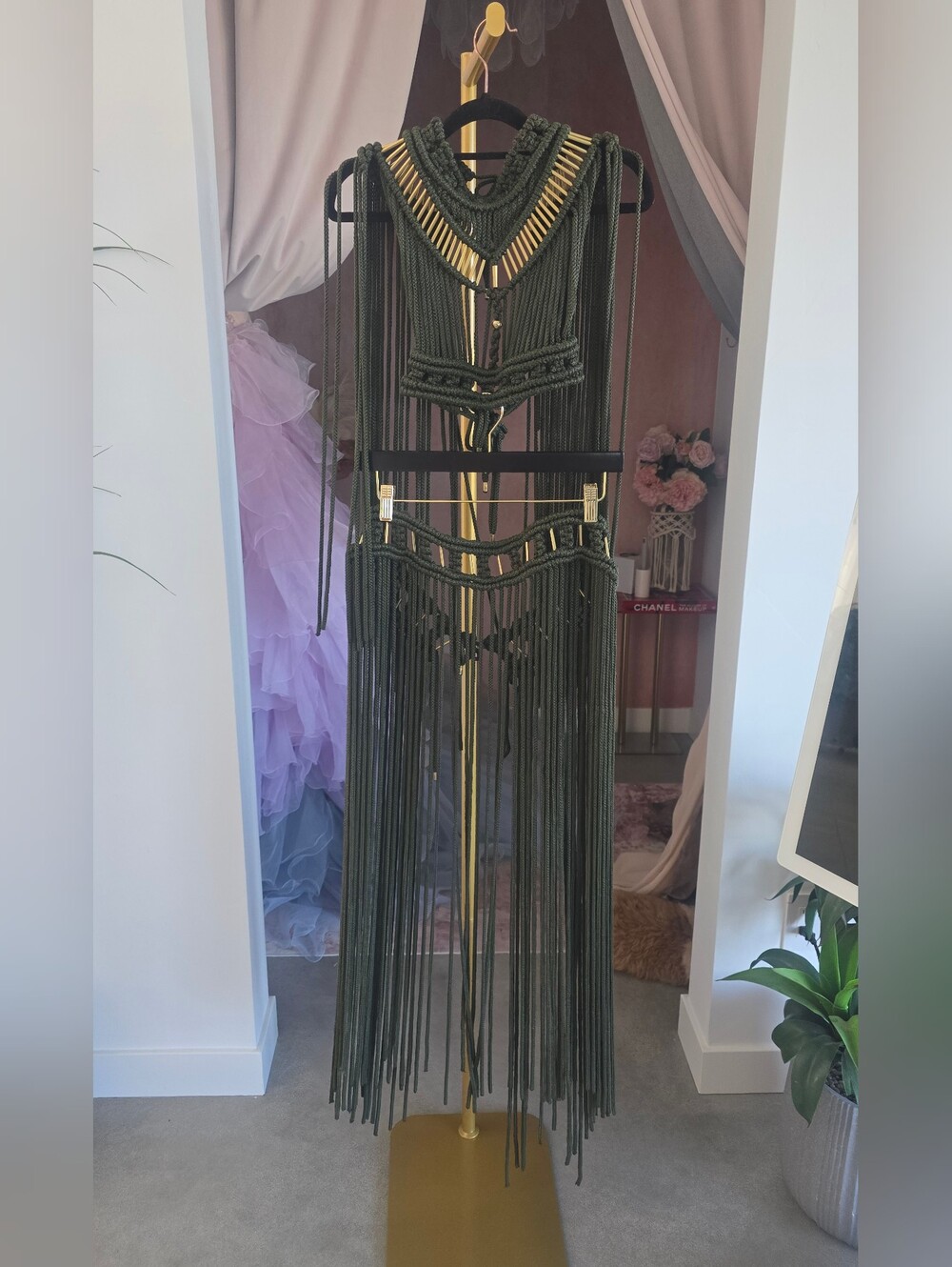 Olive Fringe Beaded Maxi Dress Burning Man-frestival